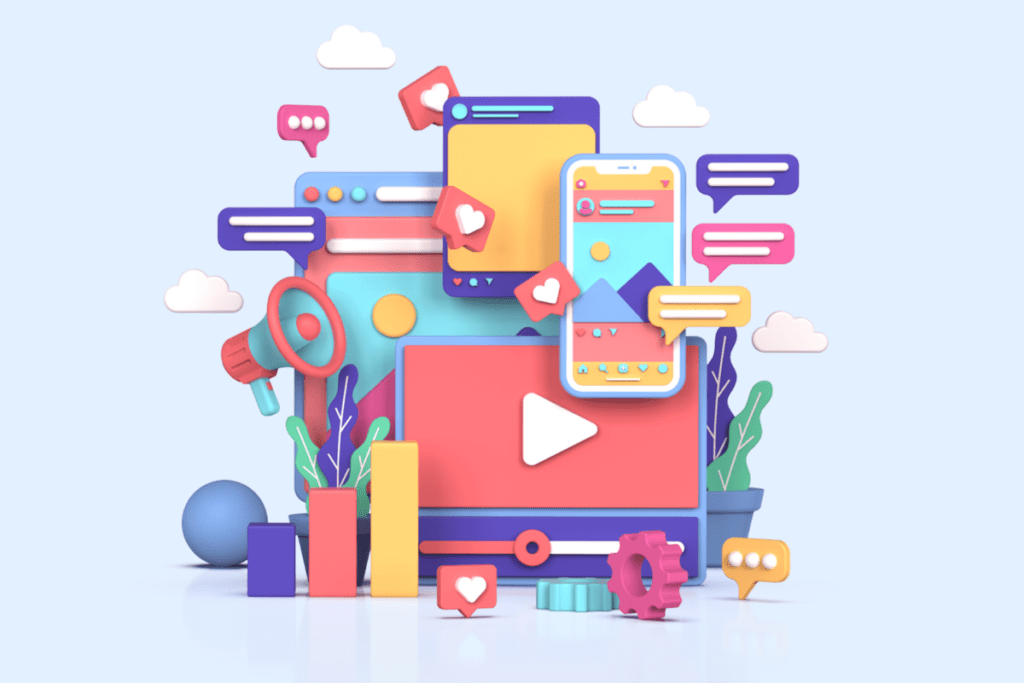 3D illustration of social media marketing concept featuring video player, mobile devices, likes, comments, and analytics icons in colorful pastel design