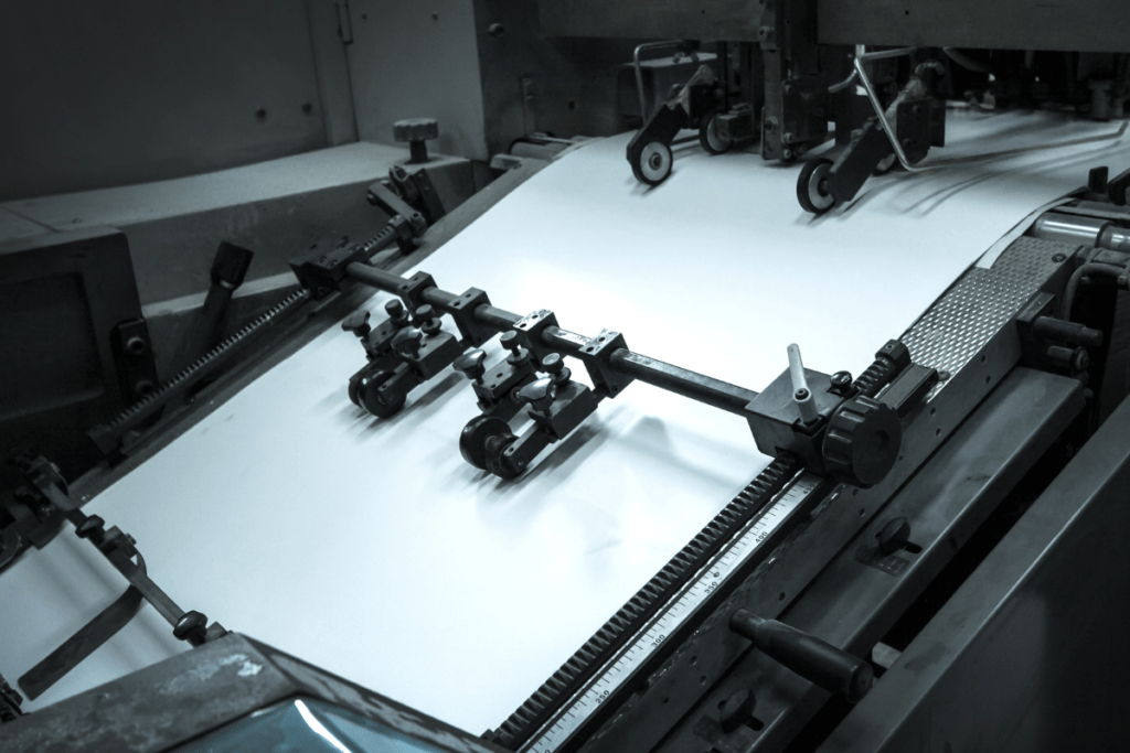 Offset printing press with white paper sheet loaded, showing rollers and mechanical components in monochrome close-up view