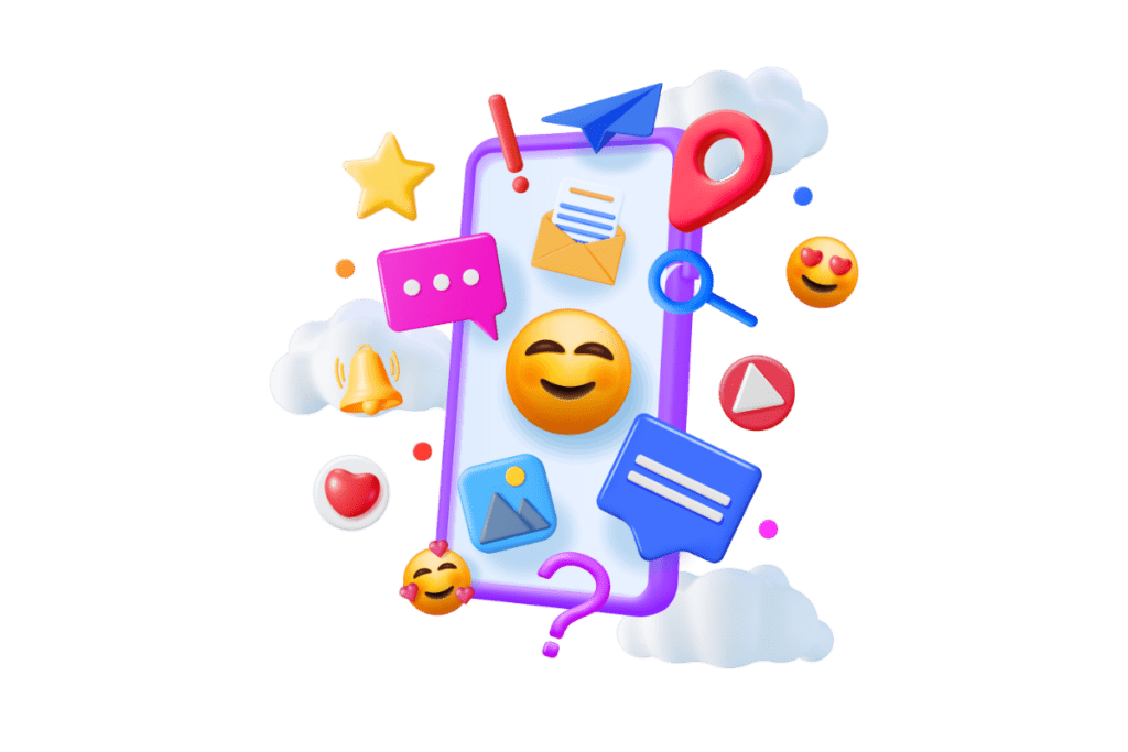 3D illustration of social media interface with floating emojis, messaging icons, notification symbols and clouds in playful colorful design